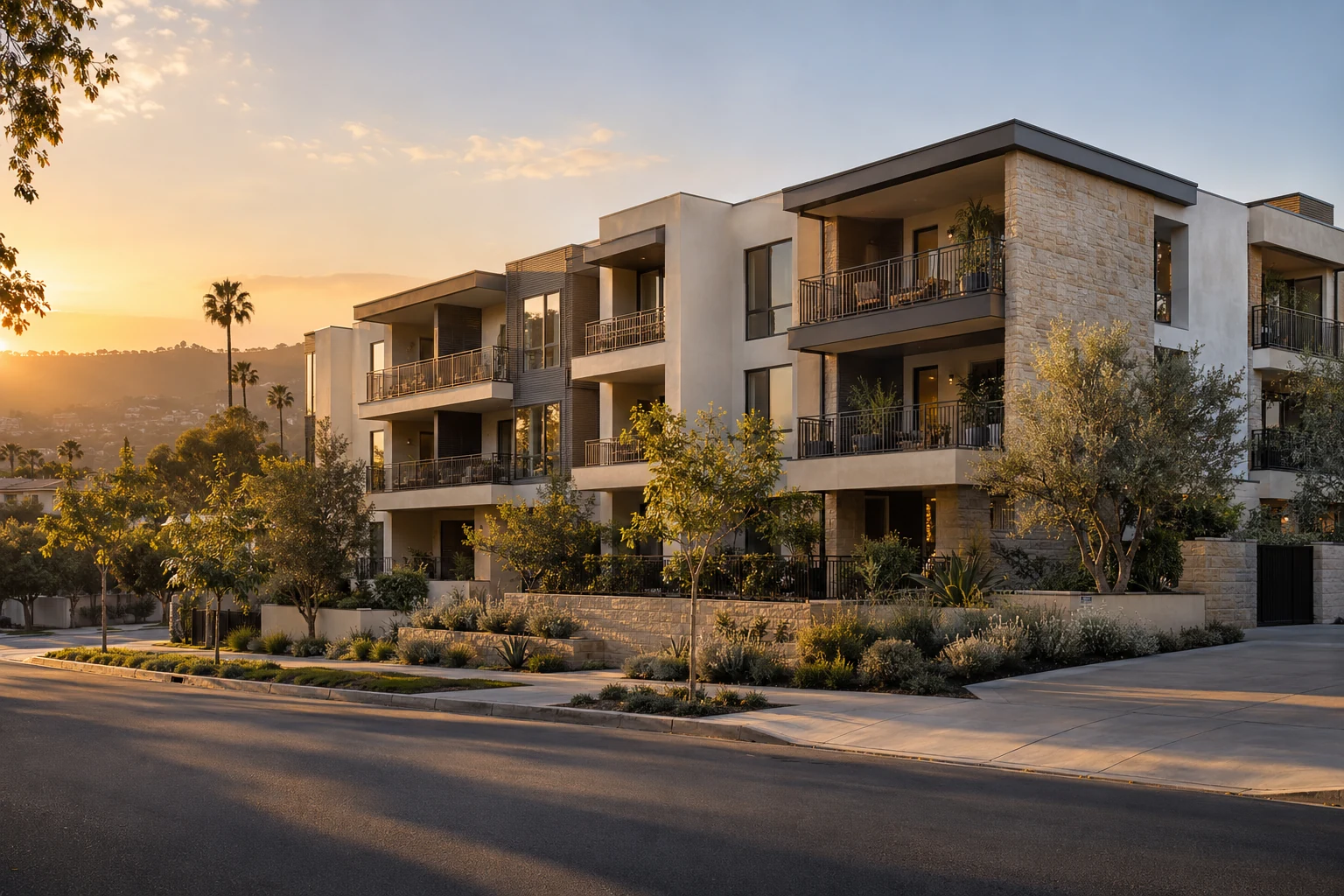 Contemporary Southern California architecture at golden hour